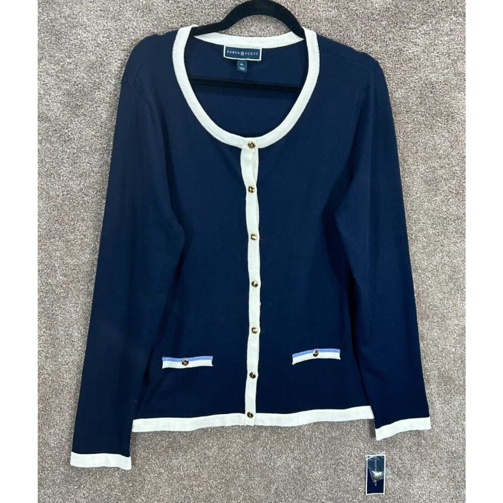 Karen Scott Cardigan Womens XL Blue Stripe Button Front Lightweight Sweater NWT